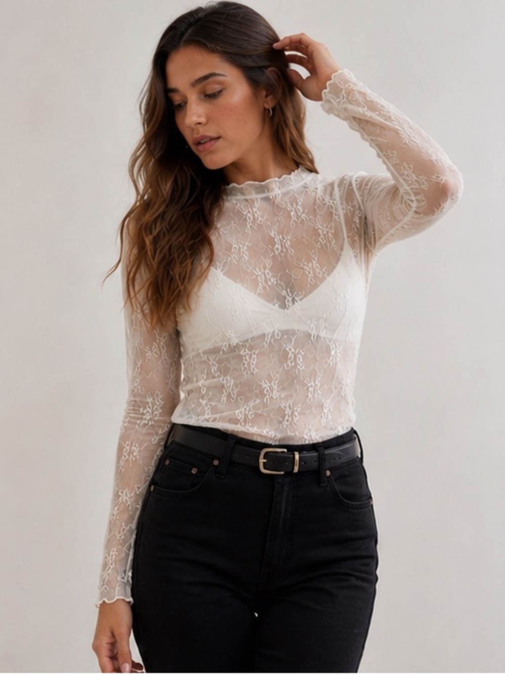 Wild Fable Cream Sheer Lace Detail Top